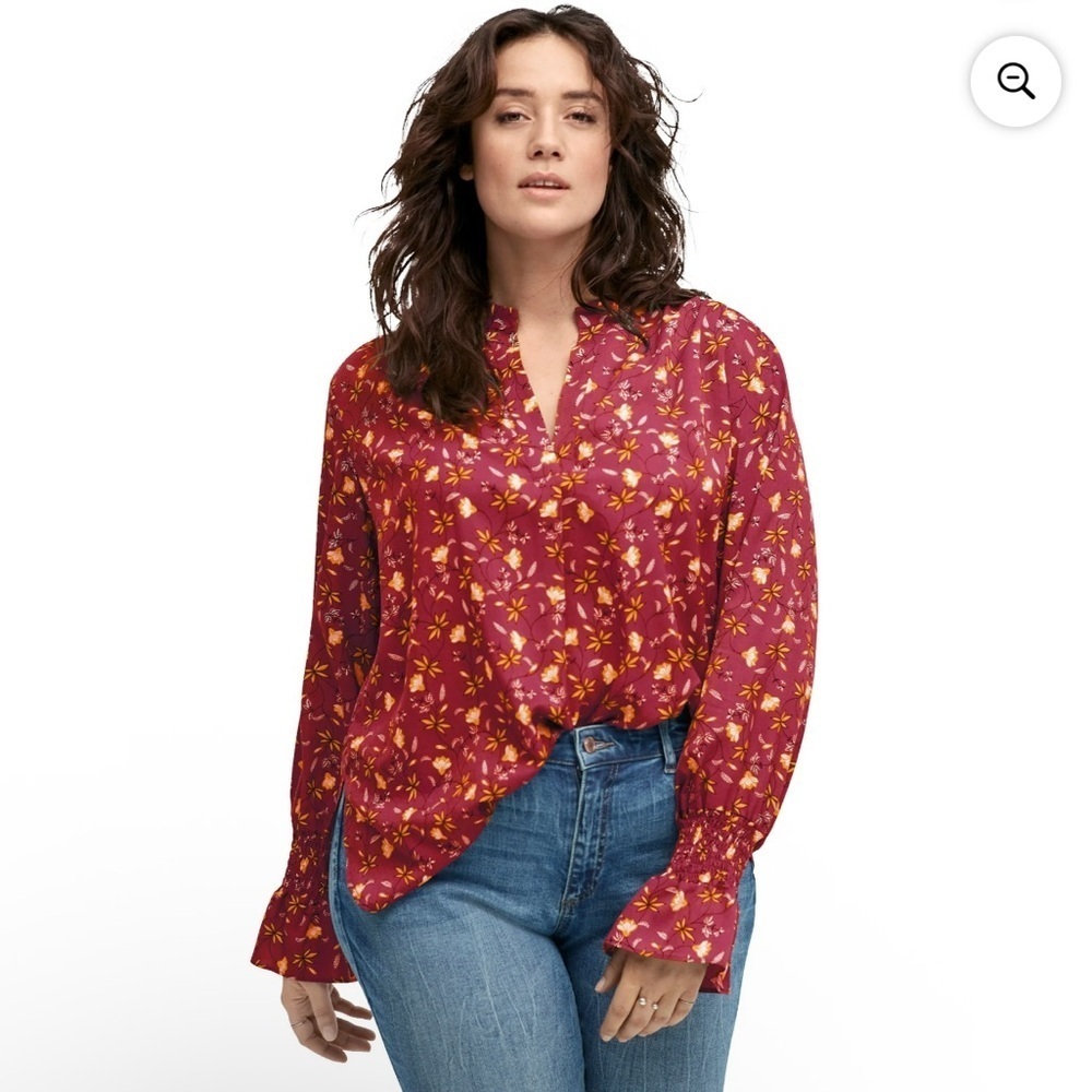 Ellos Women's Cottagecore Floral Notch-Neck Smocked Sleeve Cuff Red Blouse Sz 24